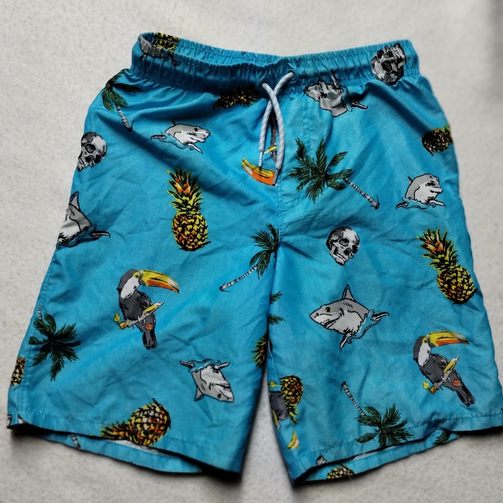 Wonder Nation Swim Trunks Tropical Toucan Shark Skull Print Kids Size L